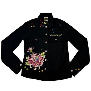 Ed Hardy Black Embroidered Floral Eagle Denim Jacket Women's Size L